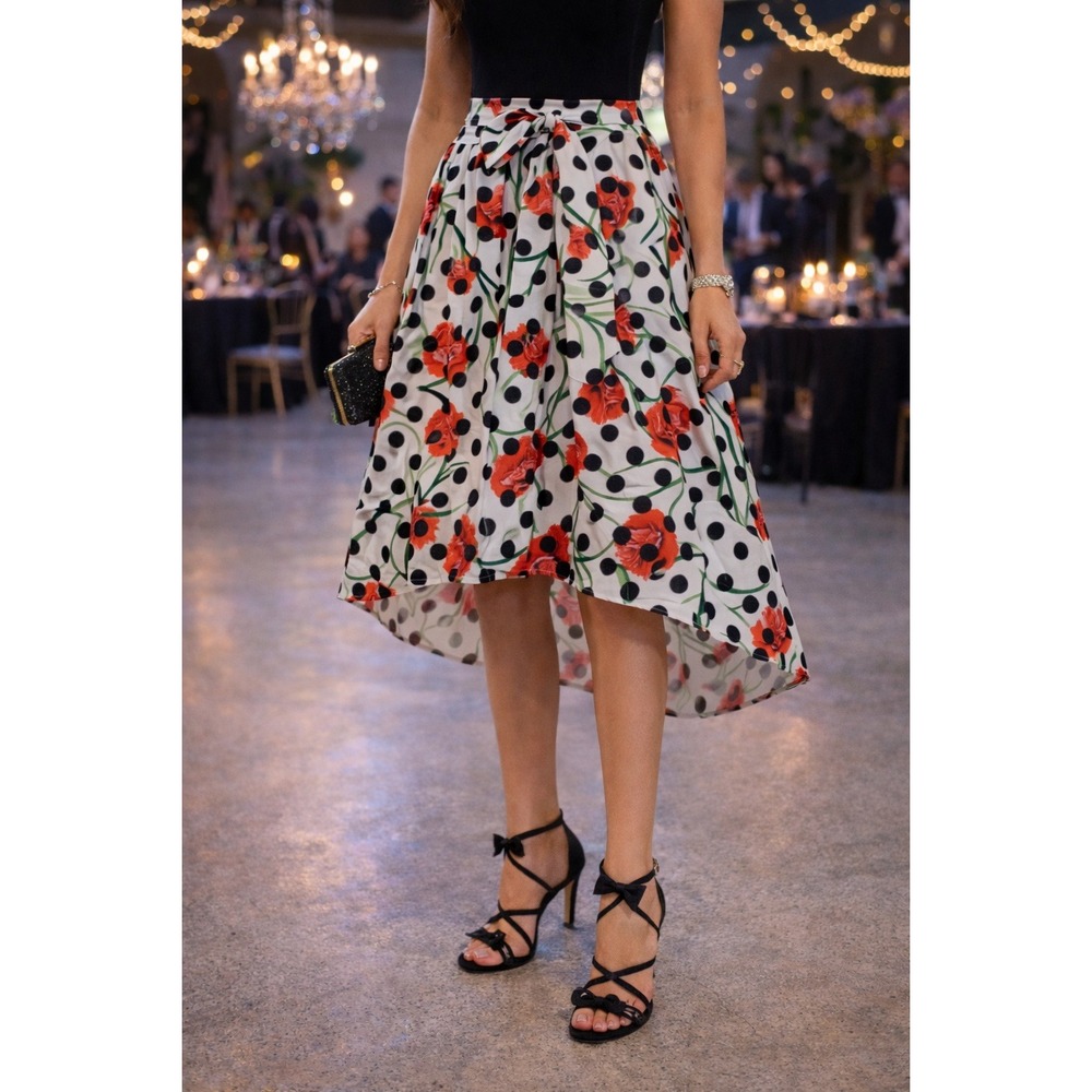 TradWife Bridal Party Summer ArcNC Red White Black Floral PolkaDot Midi‎ S Skirt